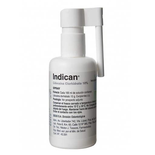 Anestesia Indican tópica en Spray, Lidocaína Clorhidrato 10%, 60ml. SIDUS