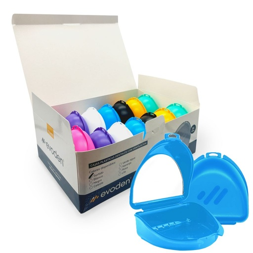 Caja con ESPEJO para placas/ortodoncia/dentadura, caja x 14u de colores surtidos. EVODEN
