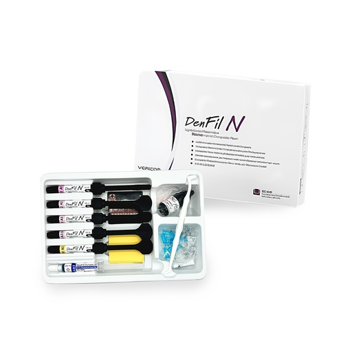 Kit Composite DenFil N, Resina Nanohíbrida fotocurable, (5 Jeringas de 4g + Adhesivo BC Plus + Grabador + Accesorios). VERICOM