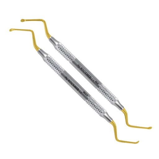 Kit de Curetas 86A-86AS con Ángulo Invertido, Bordes dentados, Recubiertas en Nitruro de Titanio, x2 Unidades. ROCKMED (MDS.PLC1)