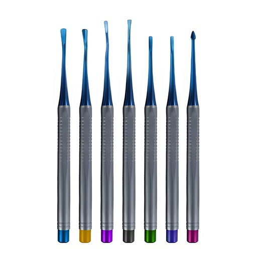 Kit de micro elevadores recubiertos de titanio azul, x 7 unidades con cassette. ROCKMED (MDE.PDL.07B)